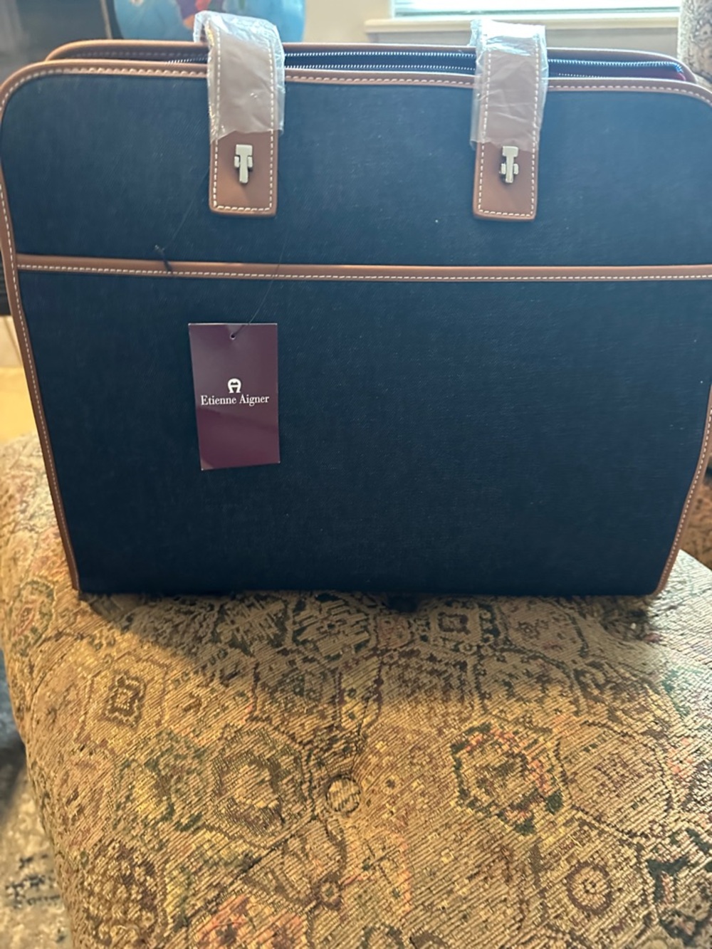 Vintage Etienne Aigner Navy and Brown Leather-Trim travel/ tote. NWTS